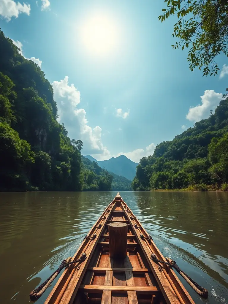A scenic view of the Bohorok River with a traditional raft, showcasing the unique river expedition included in the Orangutan River Adventure tour.