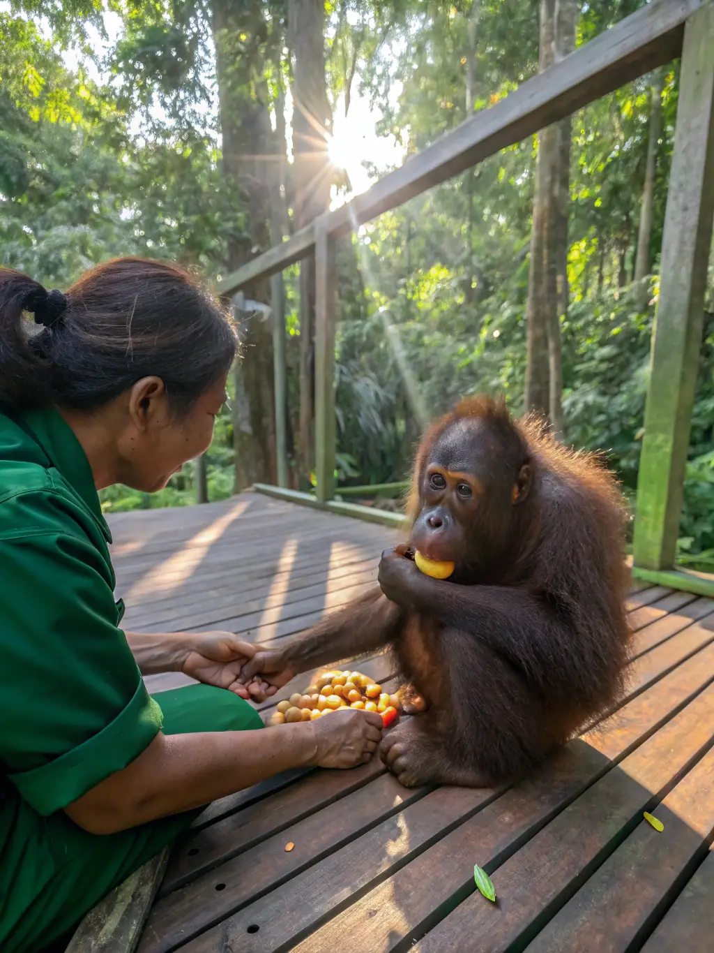 A close-up shot of a Sumatran orangutan mother and baby in the rainforest, highlighting the intimate moments of wildlife observation during the Bukit Lawang tour.